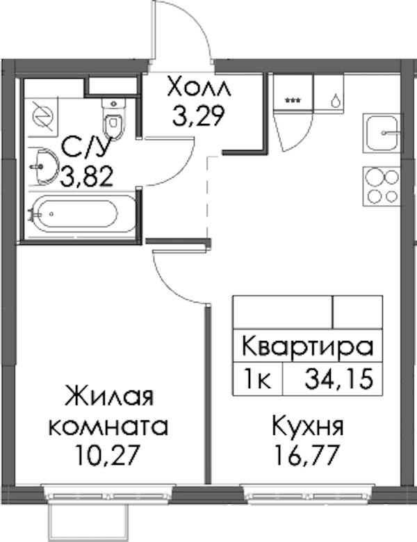 1-комнатная квартира 34.15 м², 9/12 эт., ЖК «Таллинский парк»